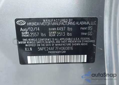 2015 Hyundai Sonata Se from USA, damaged, VIN 5NPE24AF7FH060816